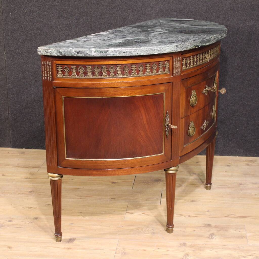 French Louis XVI style half-moon commode with marble top