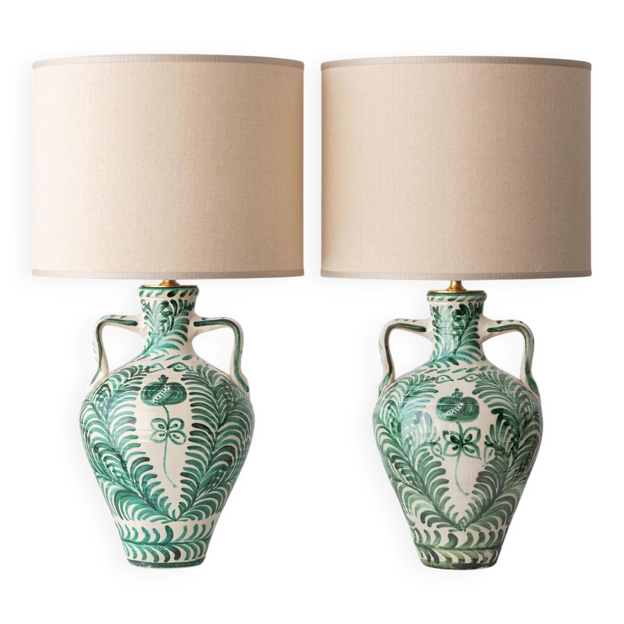 Pair of Spanish Revival Ceramic Table Lamps from Granada, New Linen Lampshades