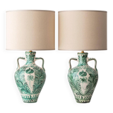 Pair of Spanish Revival Ceramic Table Lamps from Granada, New Linen Lampshades