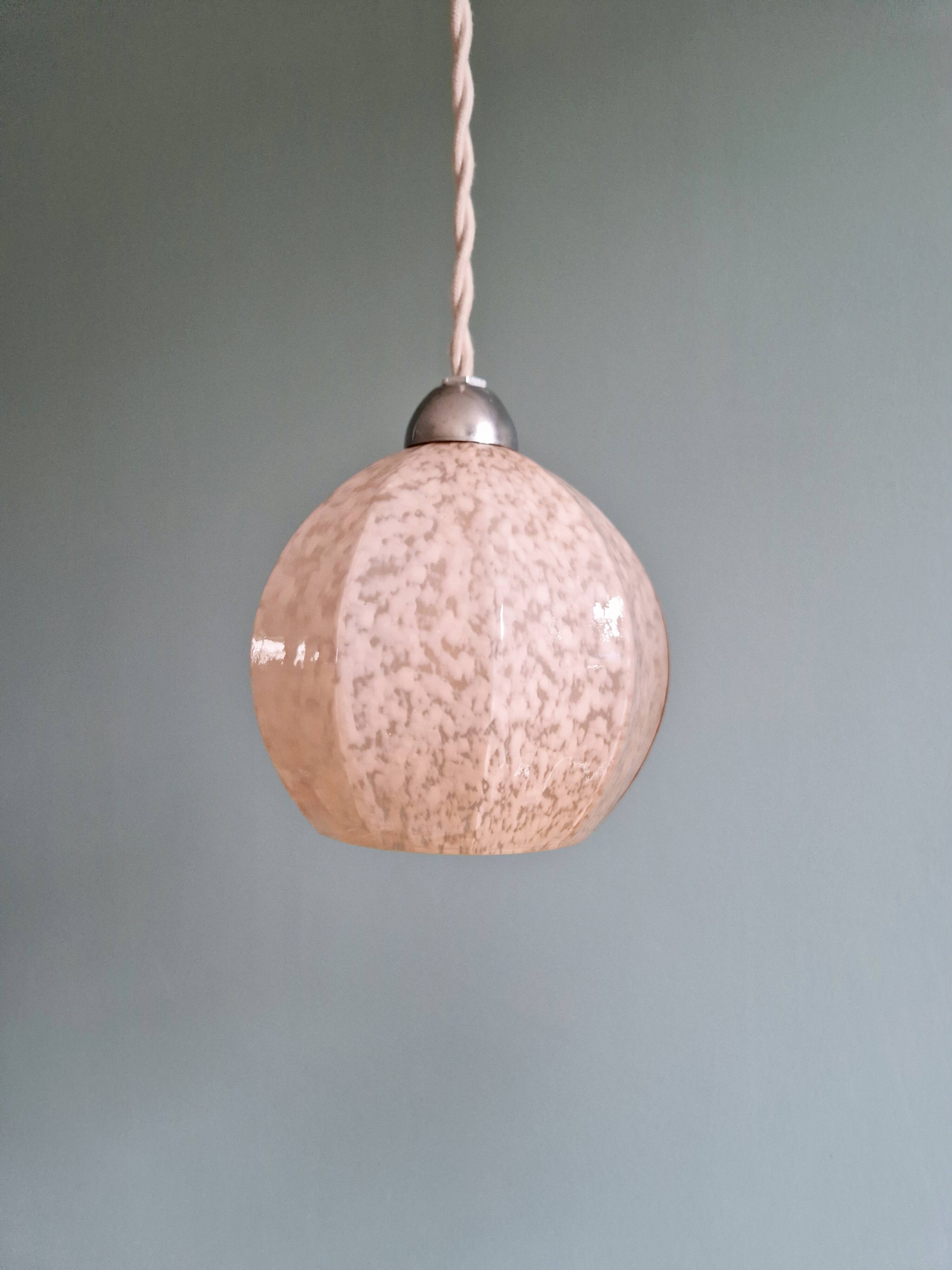 Art Deco pendant/lamp in pink speckled glass (2 available)