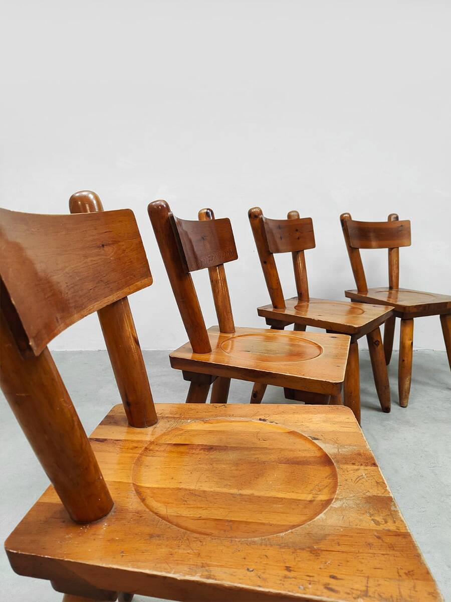 Vintage brutalist wooden dining set chairs & table 1970
