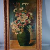 Nature morte bouquet marguerites dans un vase huile sur toile vers 1900 80x49 cm