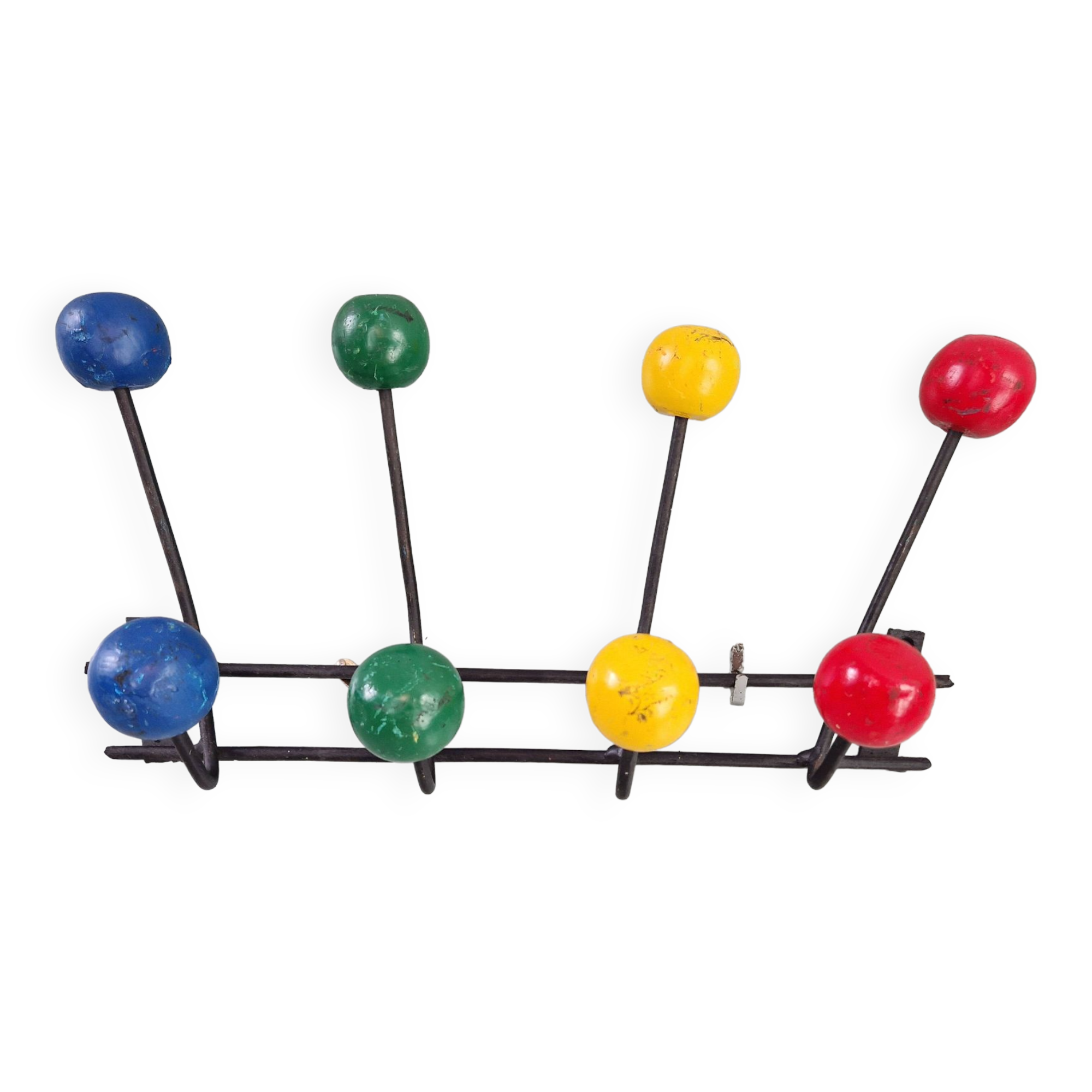 Vintage wall coat rack with 8 hooks in metal and wood (4 available), 1960s