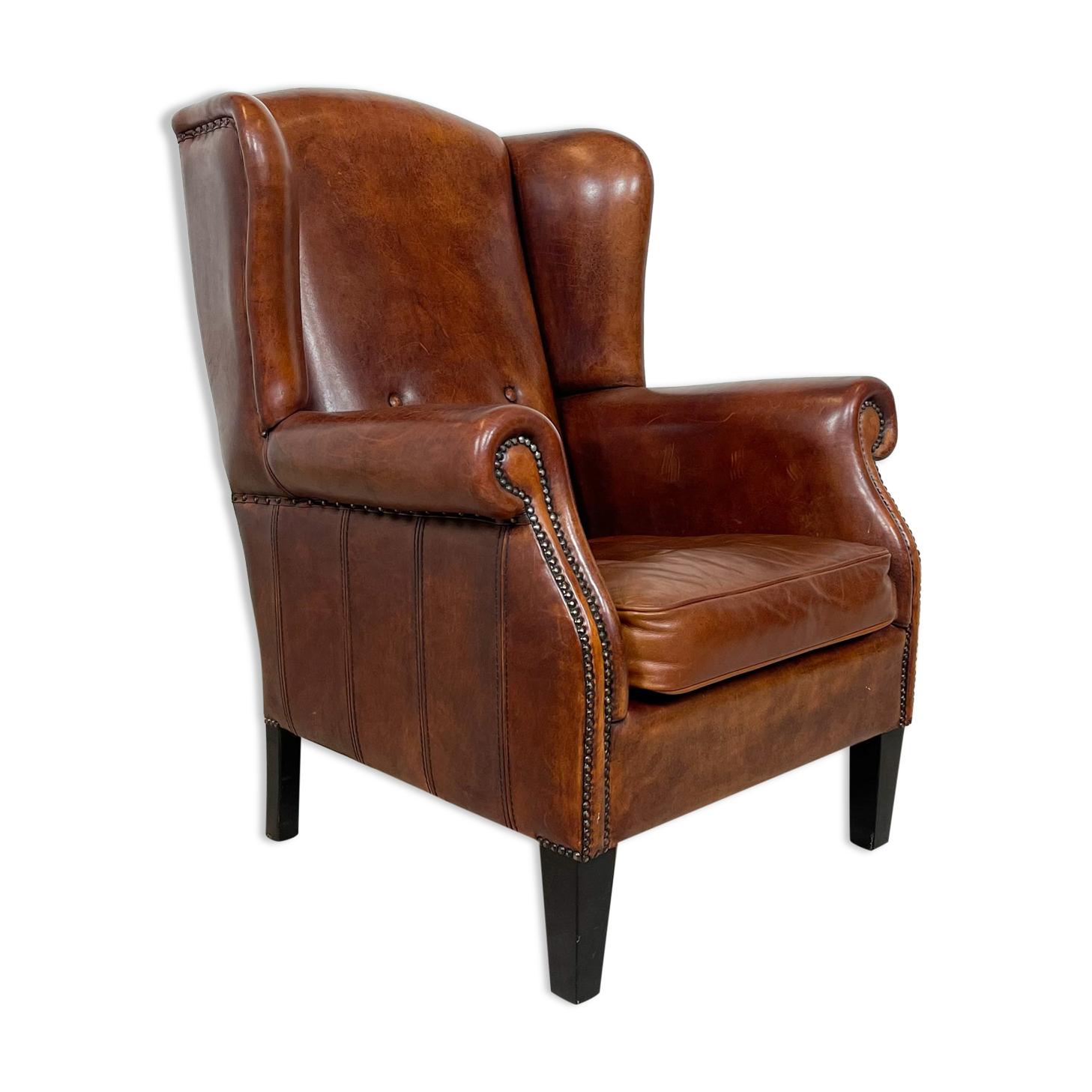 Vintage sheep leather wingback armchair by Lounge Atelier