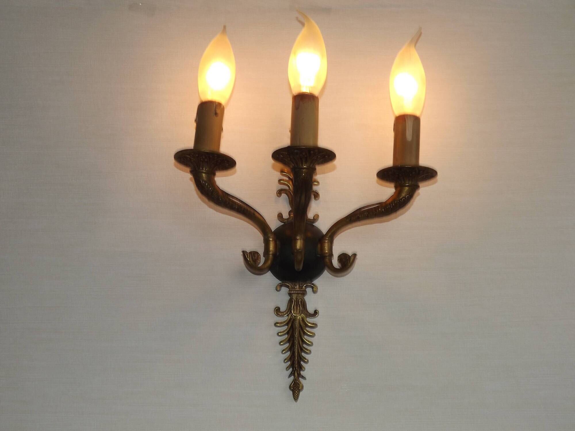 Set of 3 Bronze French Empire Style Triple Light Wall Sconces Neoclassical