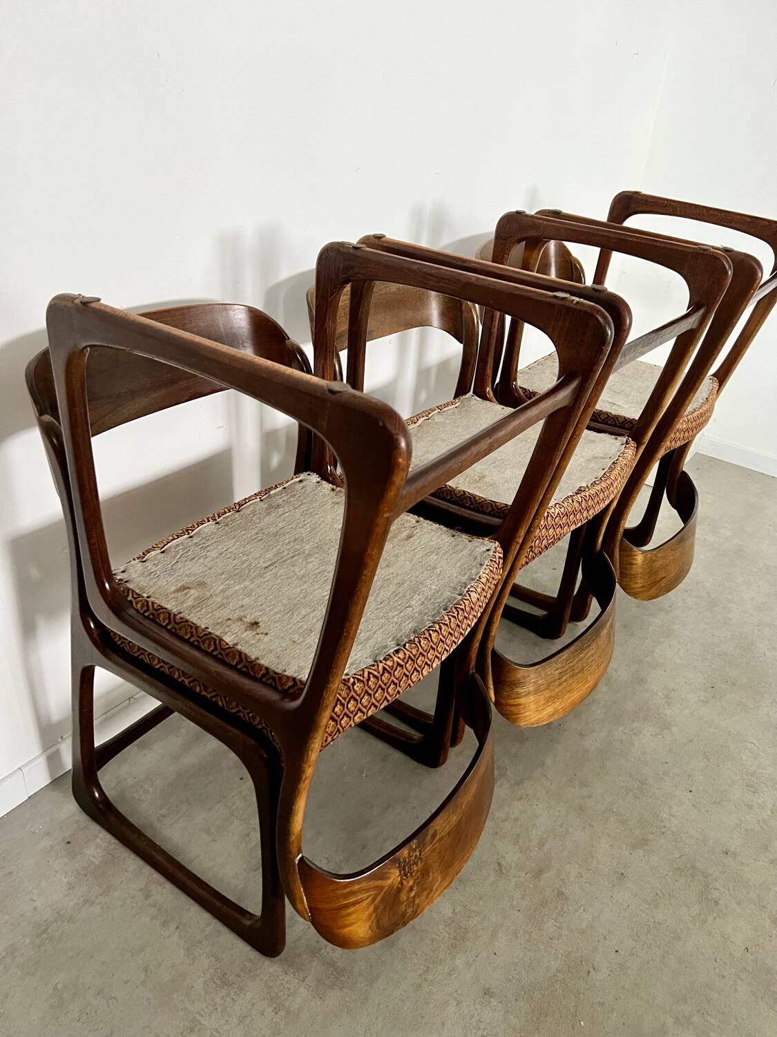 Set of 6 old baumann design sled chairs from the 60s wood and fabric