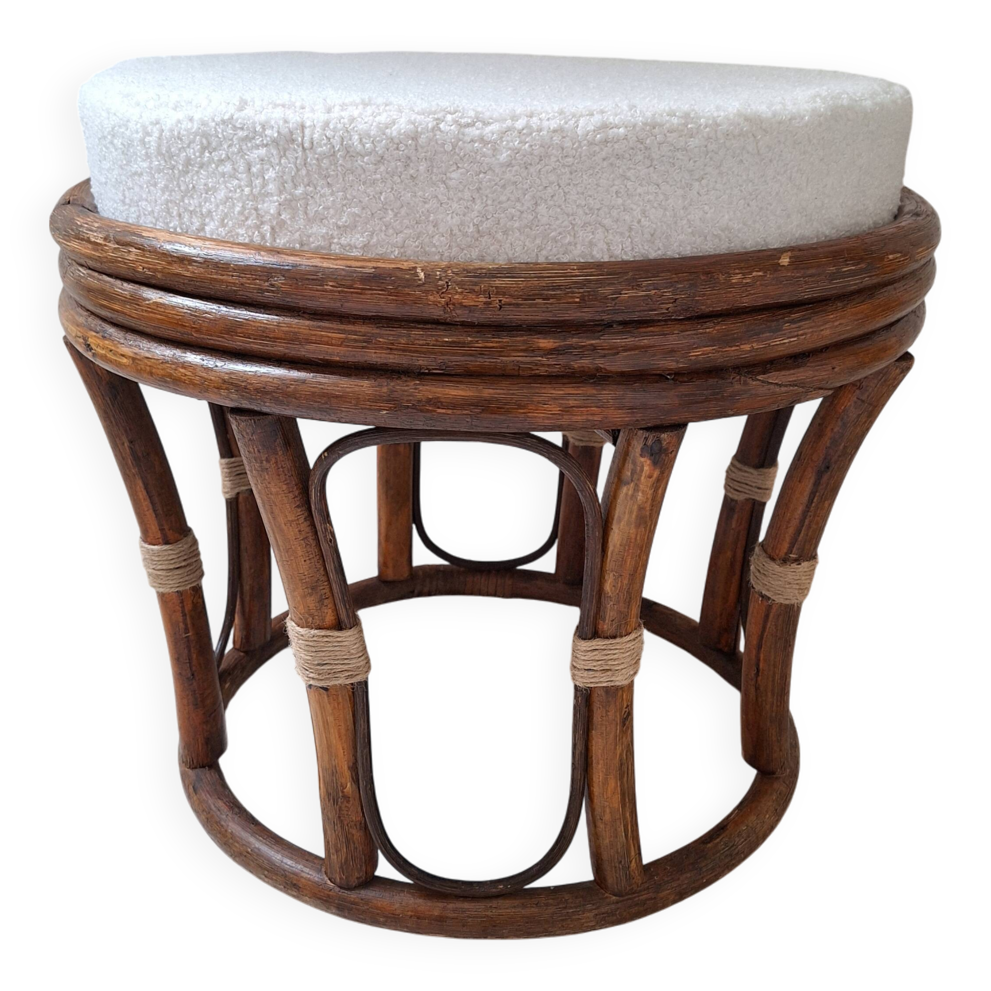 Rattan and boucle fabric pouf