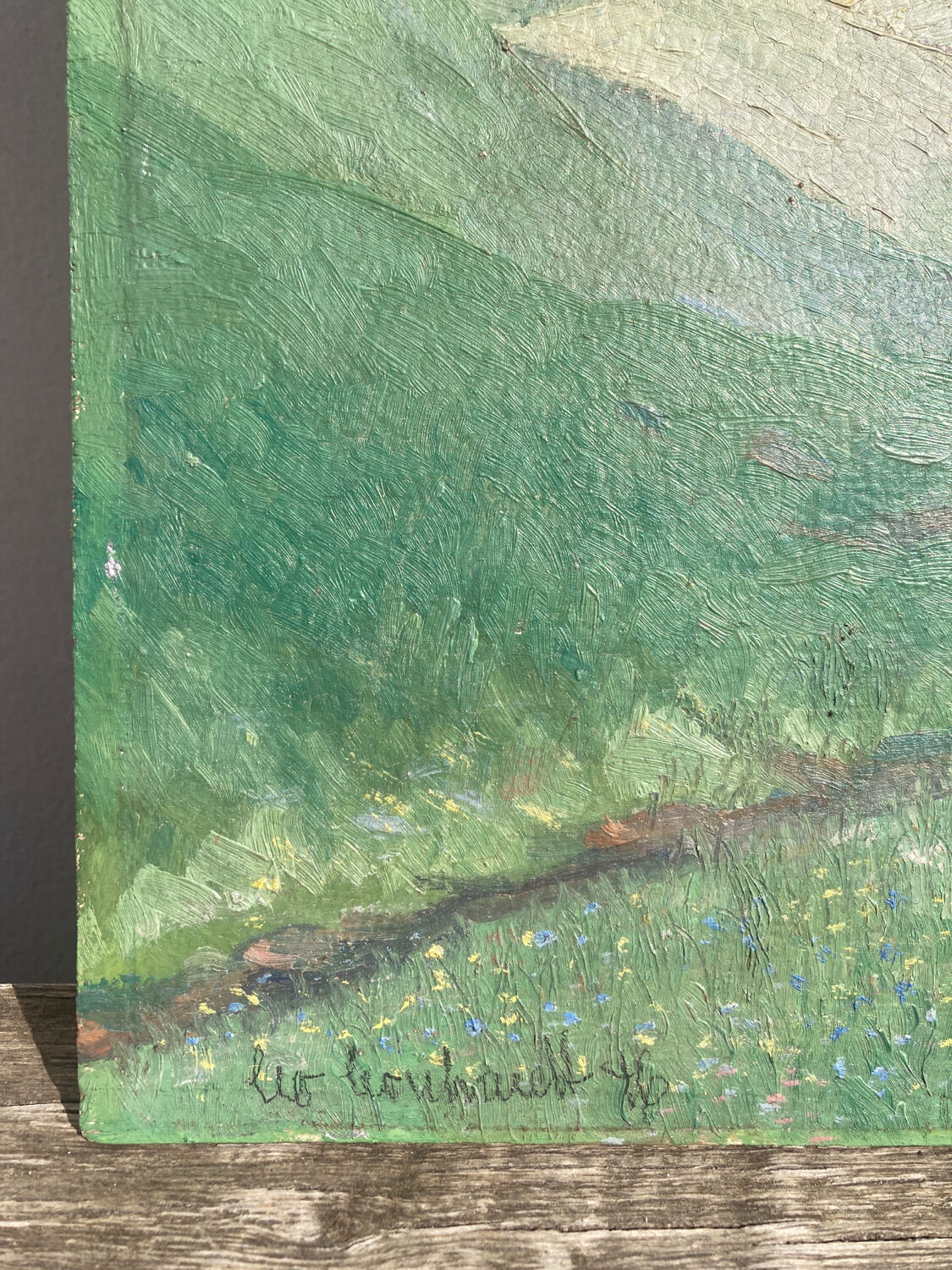 Old oil painting on wood panel / painting of a landscape