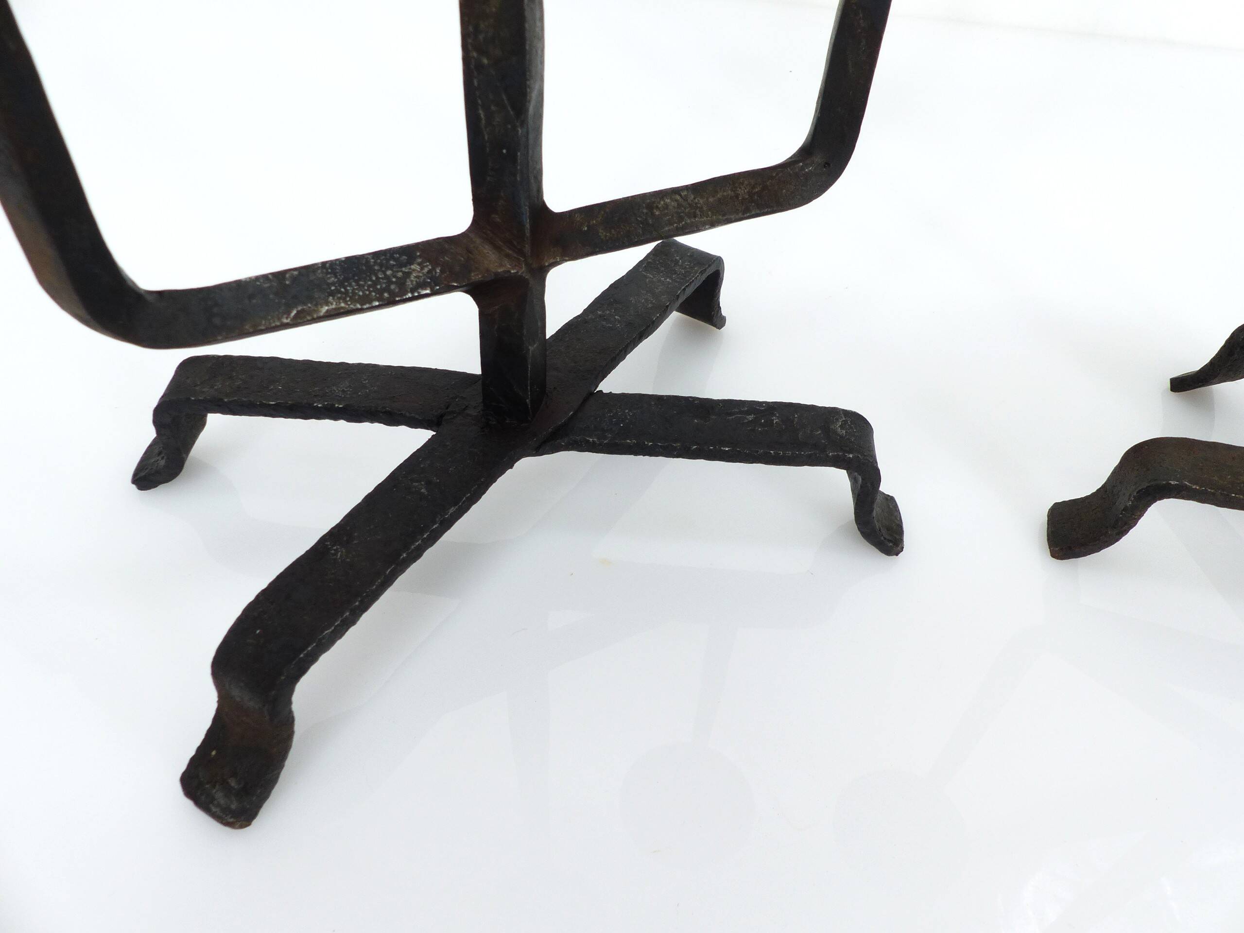 Pair of brutalist wrought iron candlesticks, France, three lights, signed