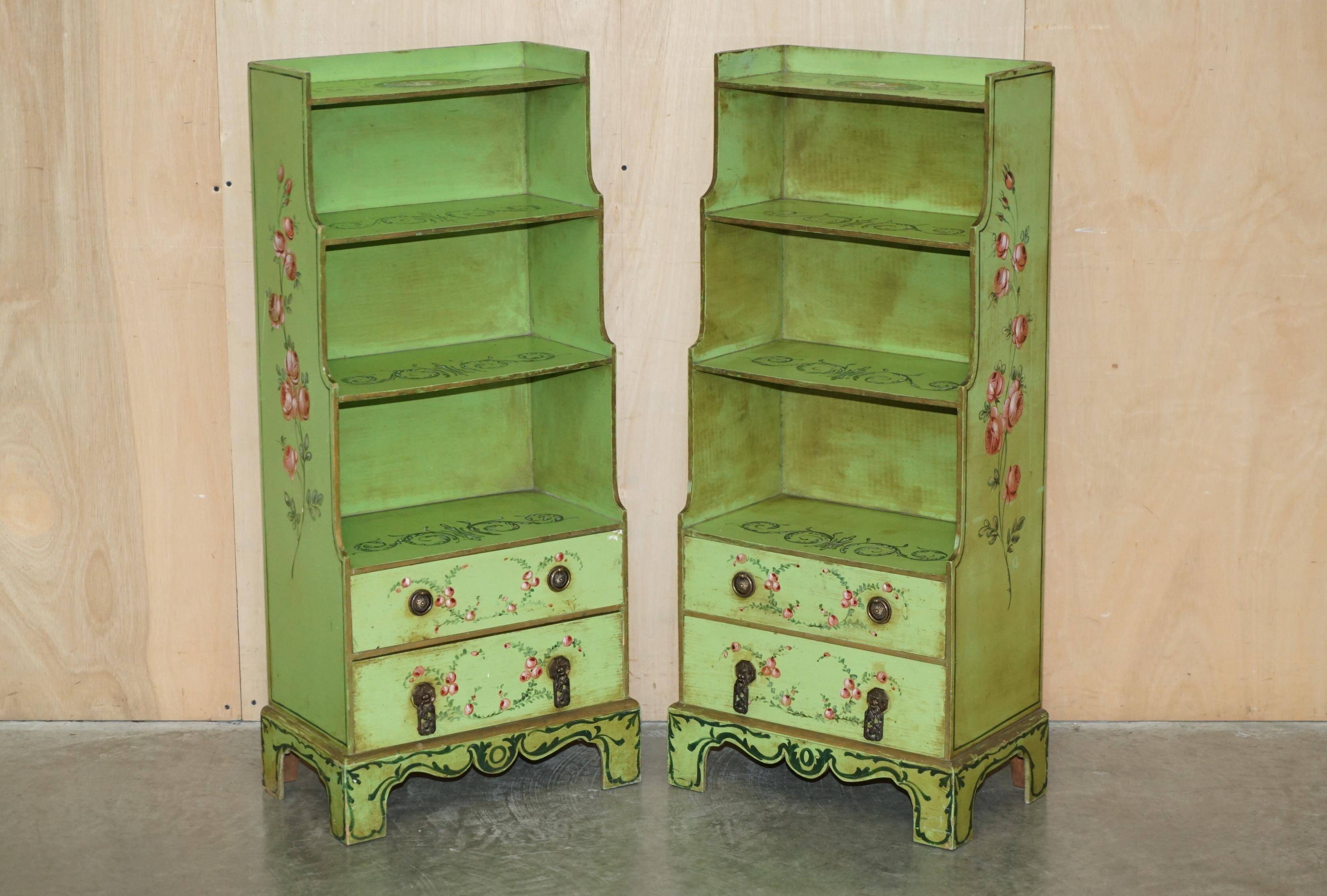 Pair of Waterfall Regency Sheraton antique bookshelves hand-painted.