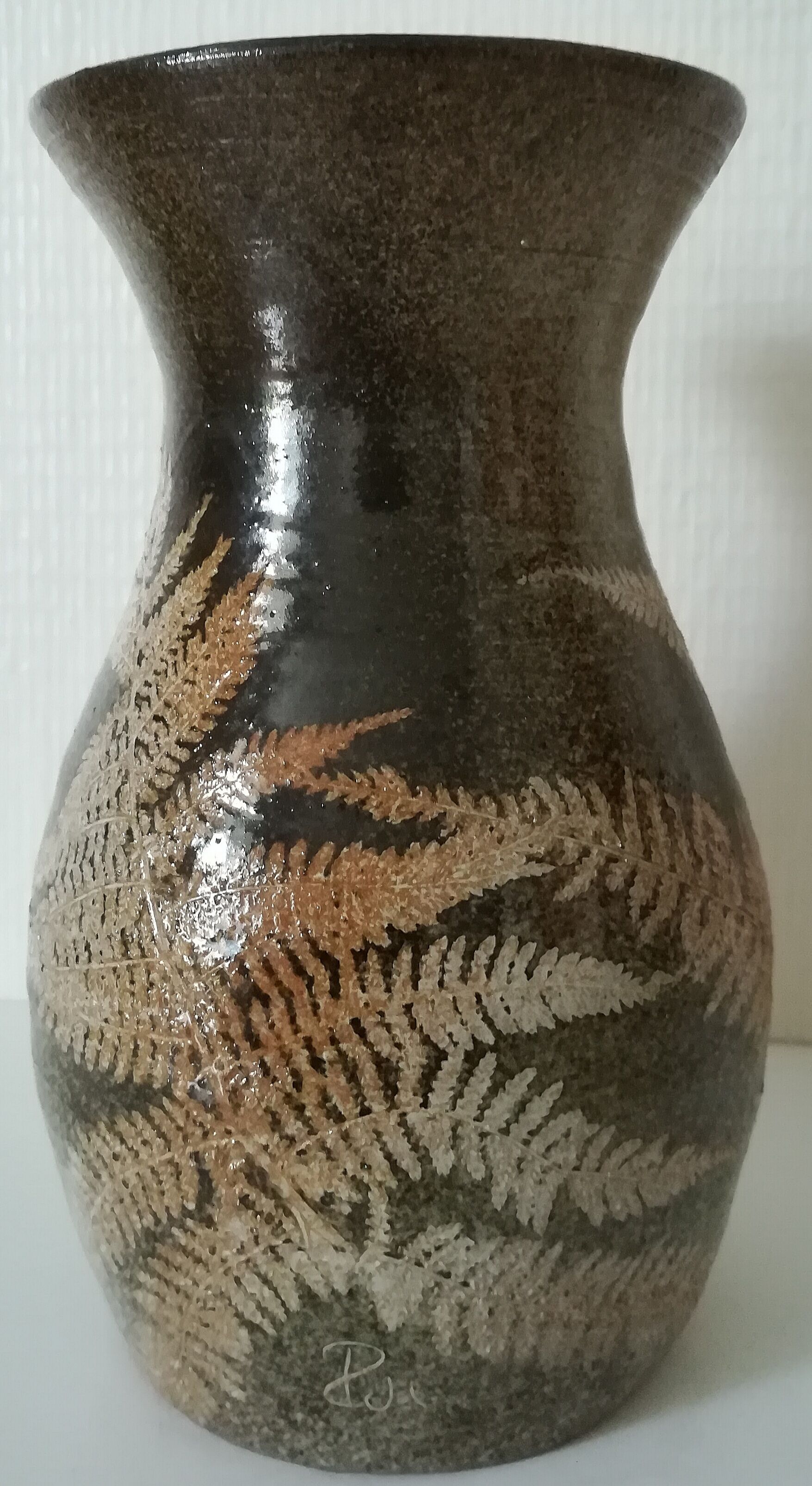Vintage enamelled ceramic vase decorated with ferns