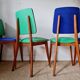 Series of velvet Scandinavian chairs - green and blue.