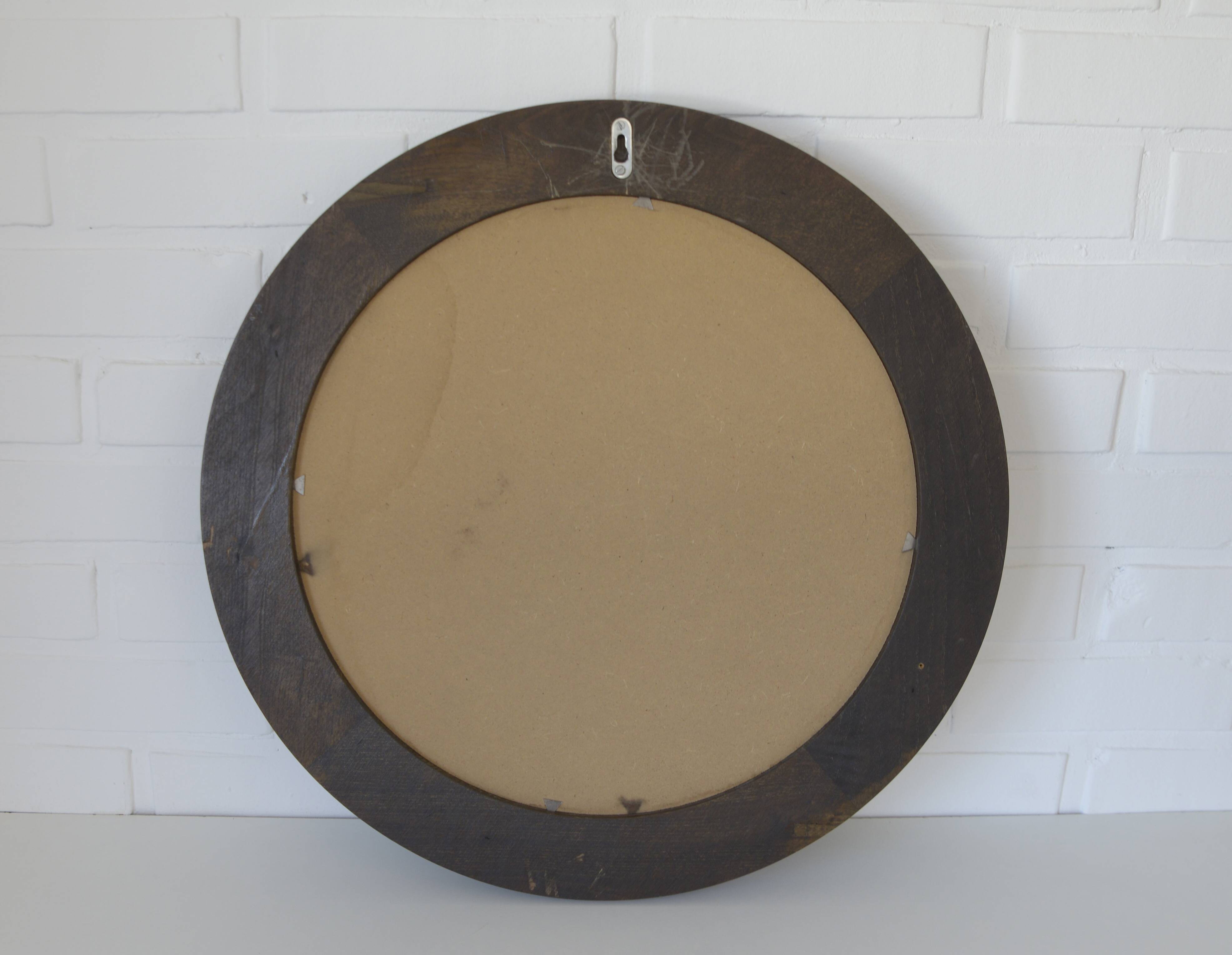 Grand miroir mural vintage en bois de chêne tourné, miroir de courtoisie rond rustique