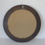 Grand miroir mural vintage en bois de chêne tourné, miroir de courtoisie rond rustique