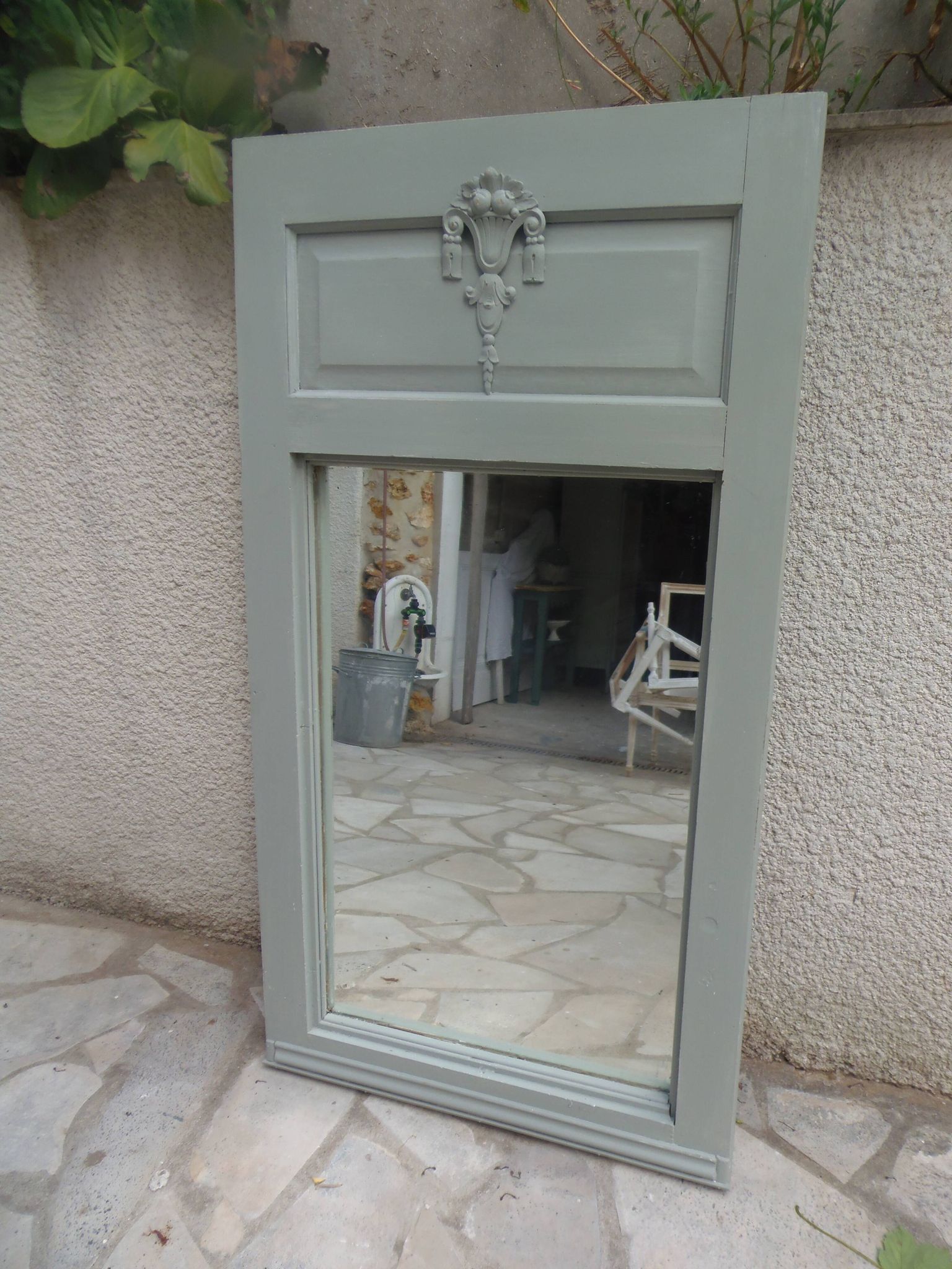 Antique mirror, painted trumeau in grey-green.