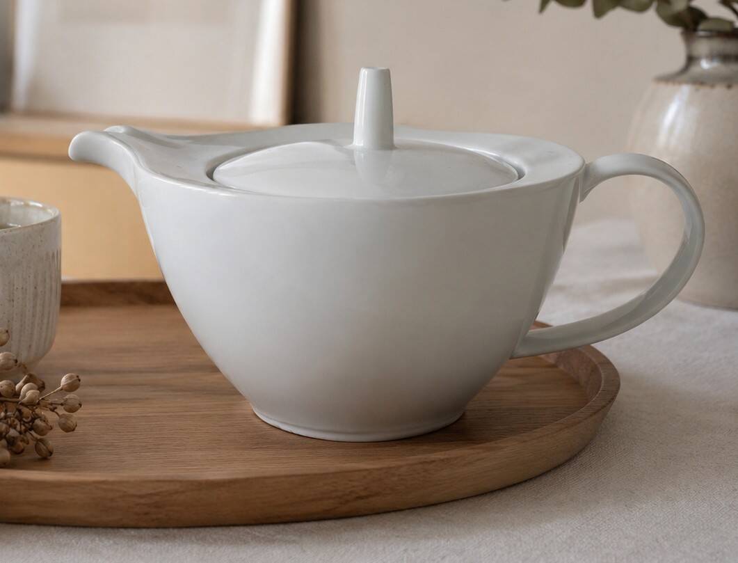 Graphic teapot in white porcelain with a minimalist design.