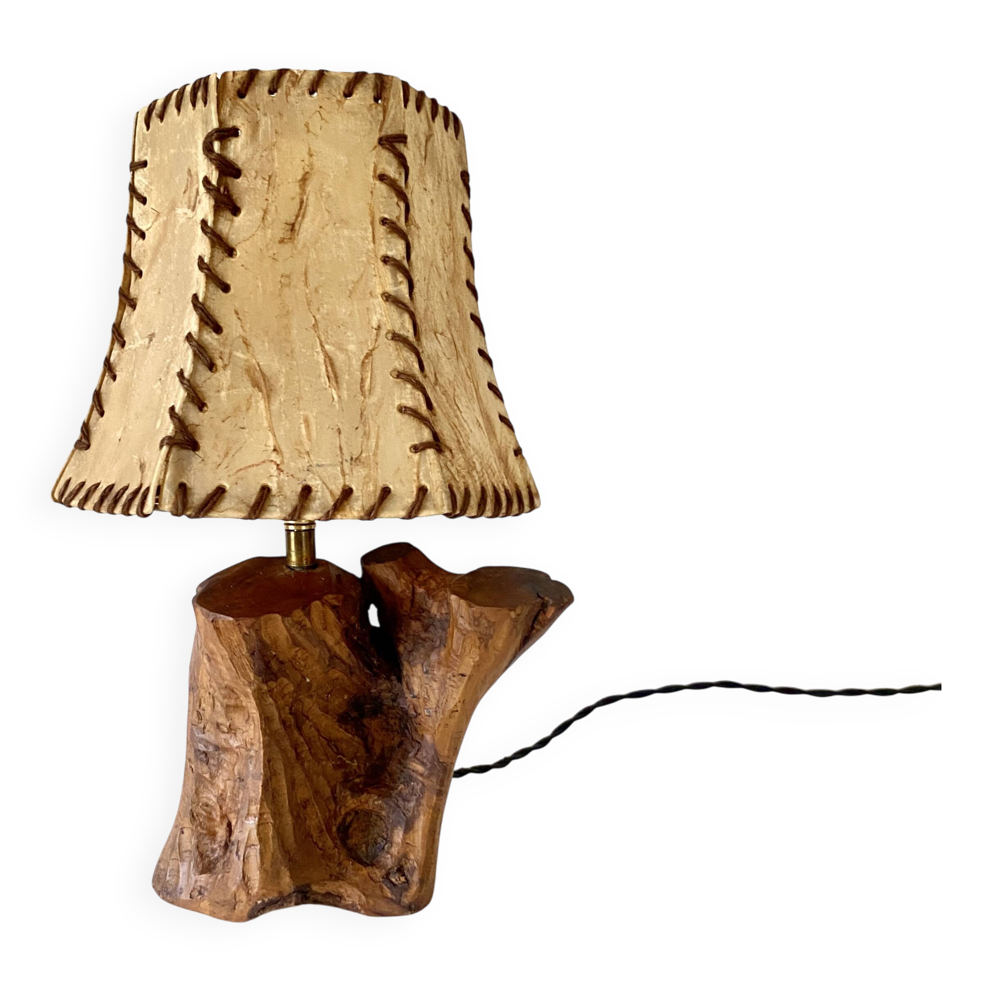 Wooden lamp, new fabric cable, cardboard lampshade
