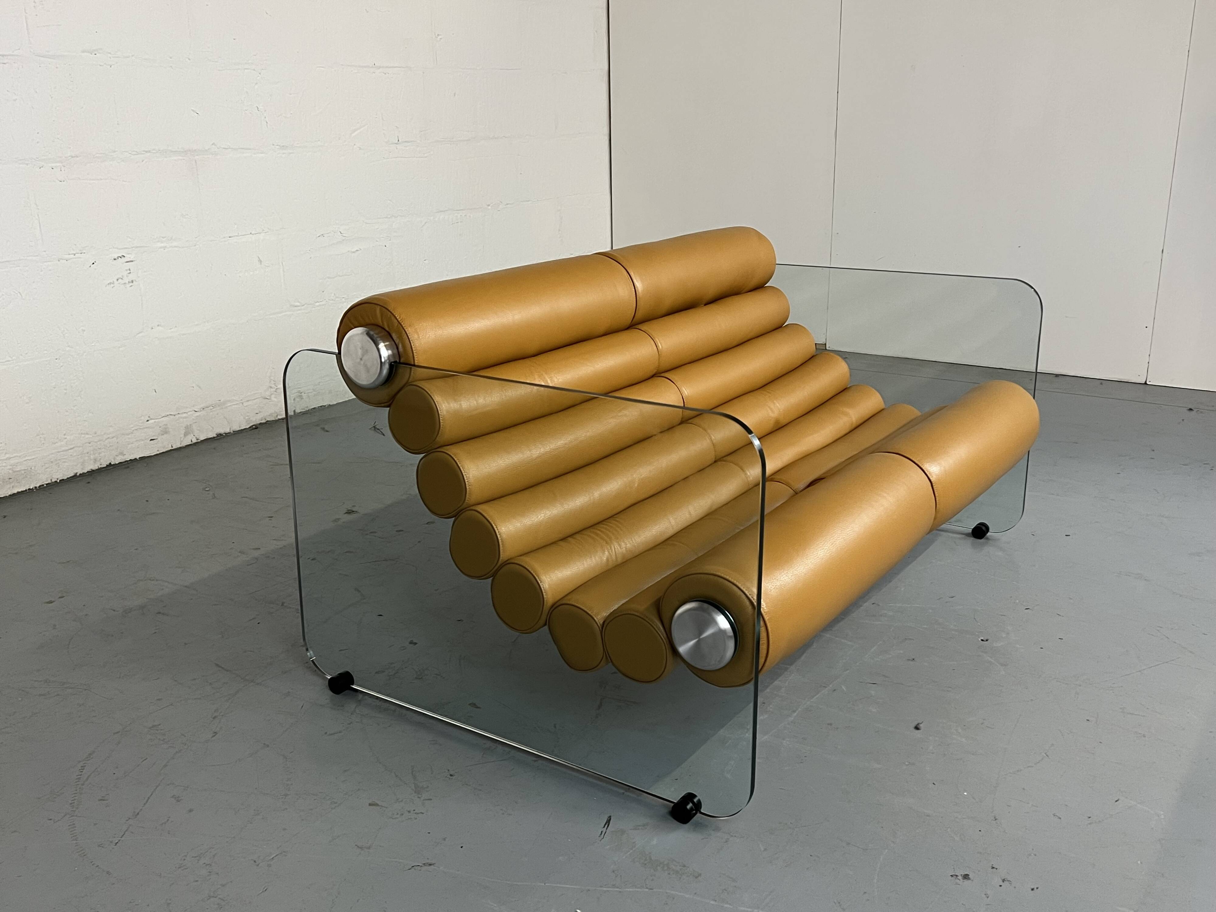 Hyaline leather and glass sofa by Fabio Lenci for Comfortline Italy 1960s