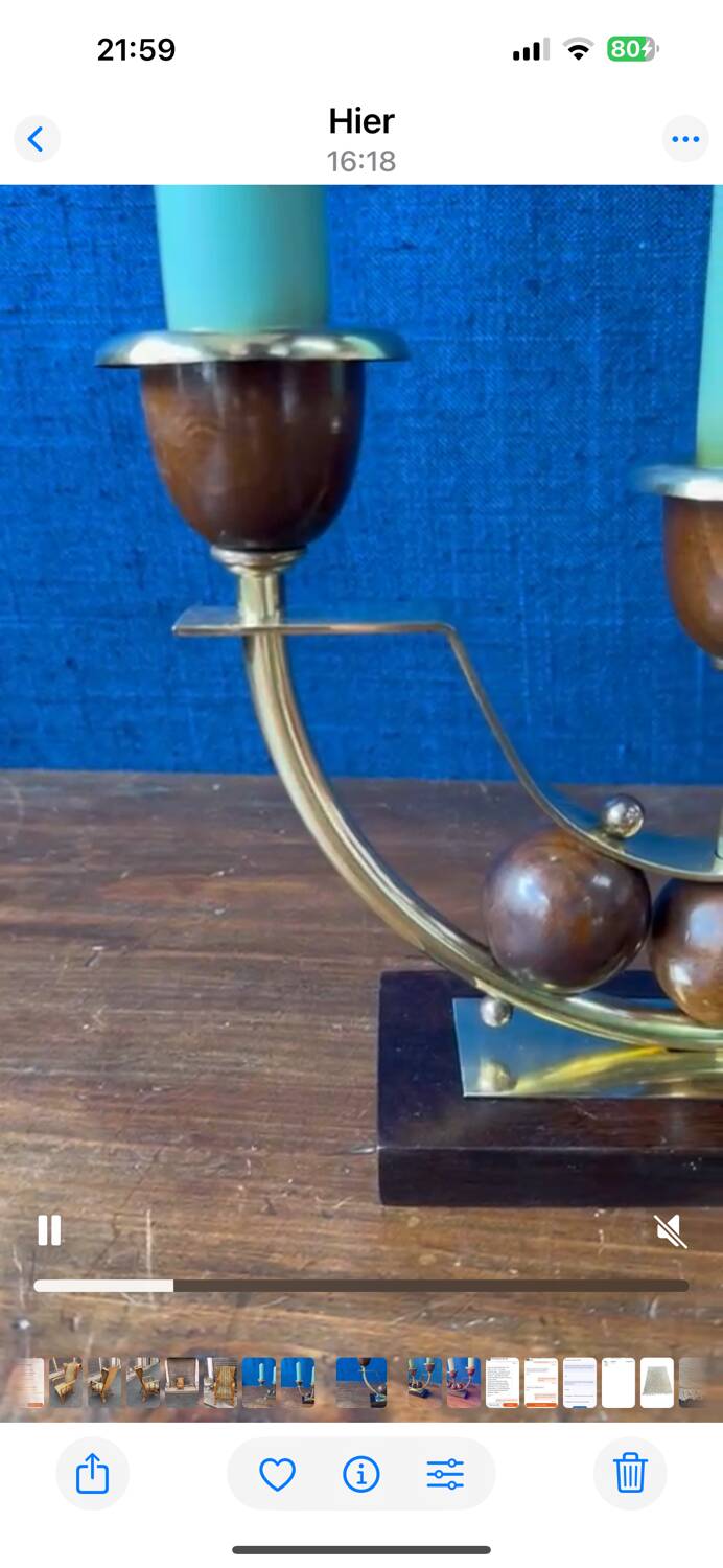 Pair of Art Deco candlesticks in brass and varnished wood, 1930s/1940s