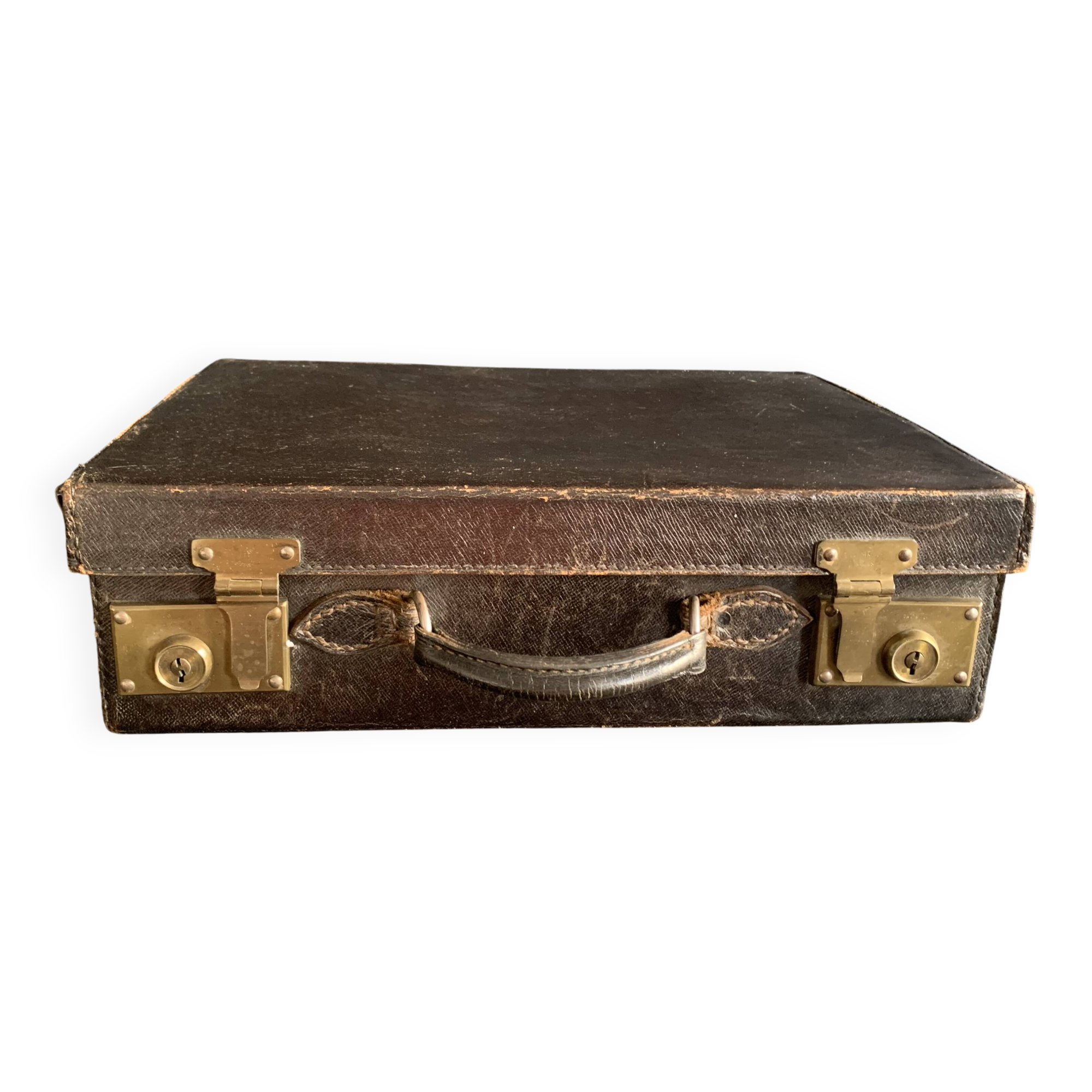 Small black grained leather travel suitcase from the 1920s