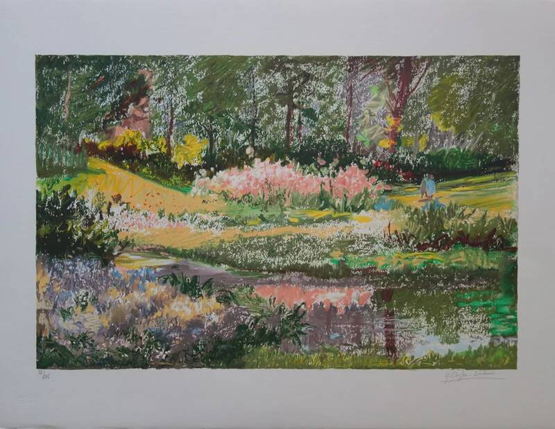 Yvonne Cheffer Delouis: Pink irises by the lake, original signed lithograph.