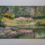 Yvonne Cheffer Delouis: Pink irises by the lake, original signed lithograph.