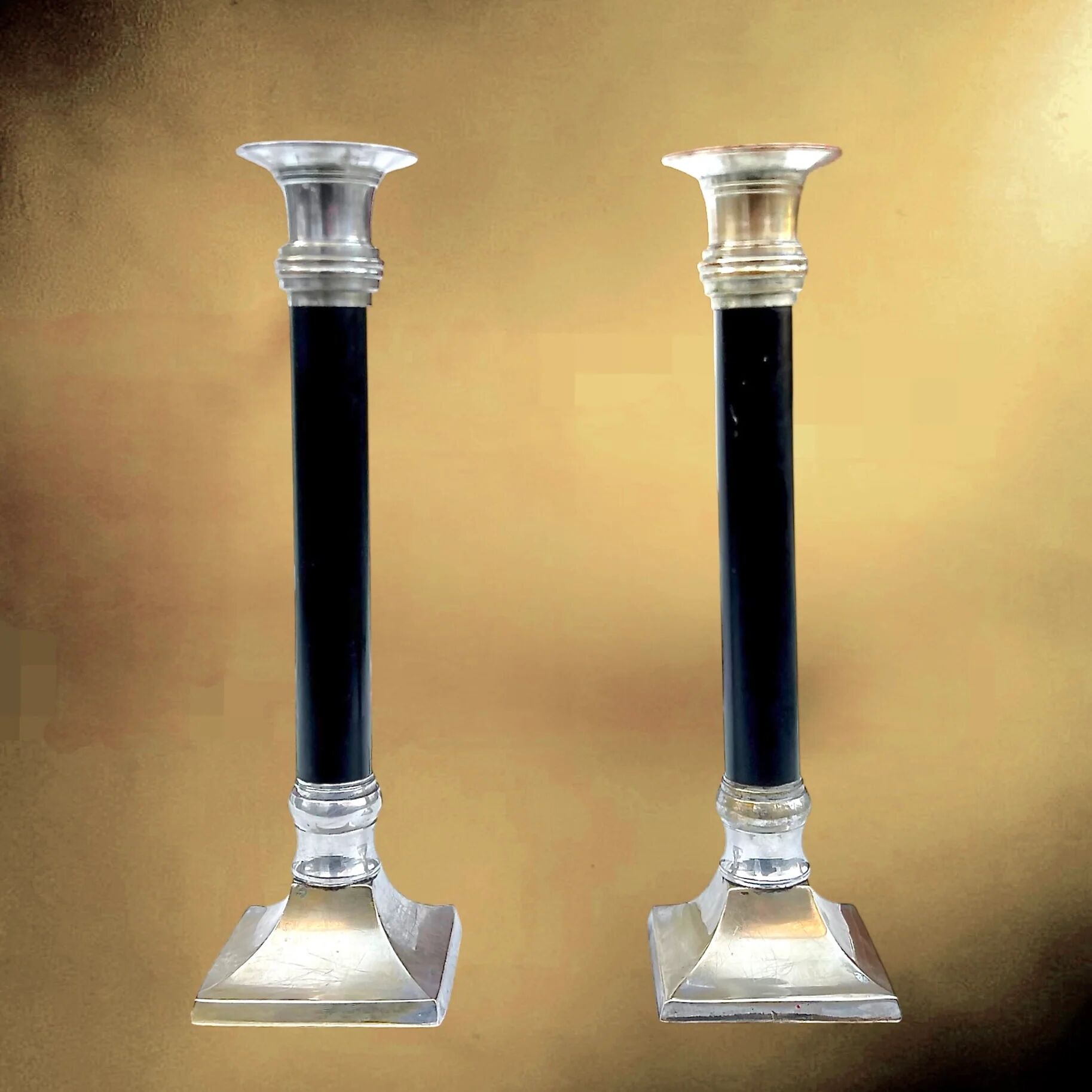Pair of Art Deco candlesticks in nickel-plated metal and black column – 1930s