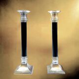 Pair of Art Deco candlesticks in nickel-plated metal and black column – 1930s