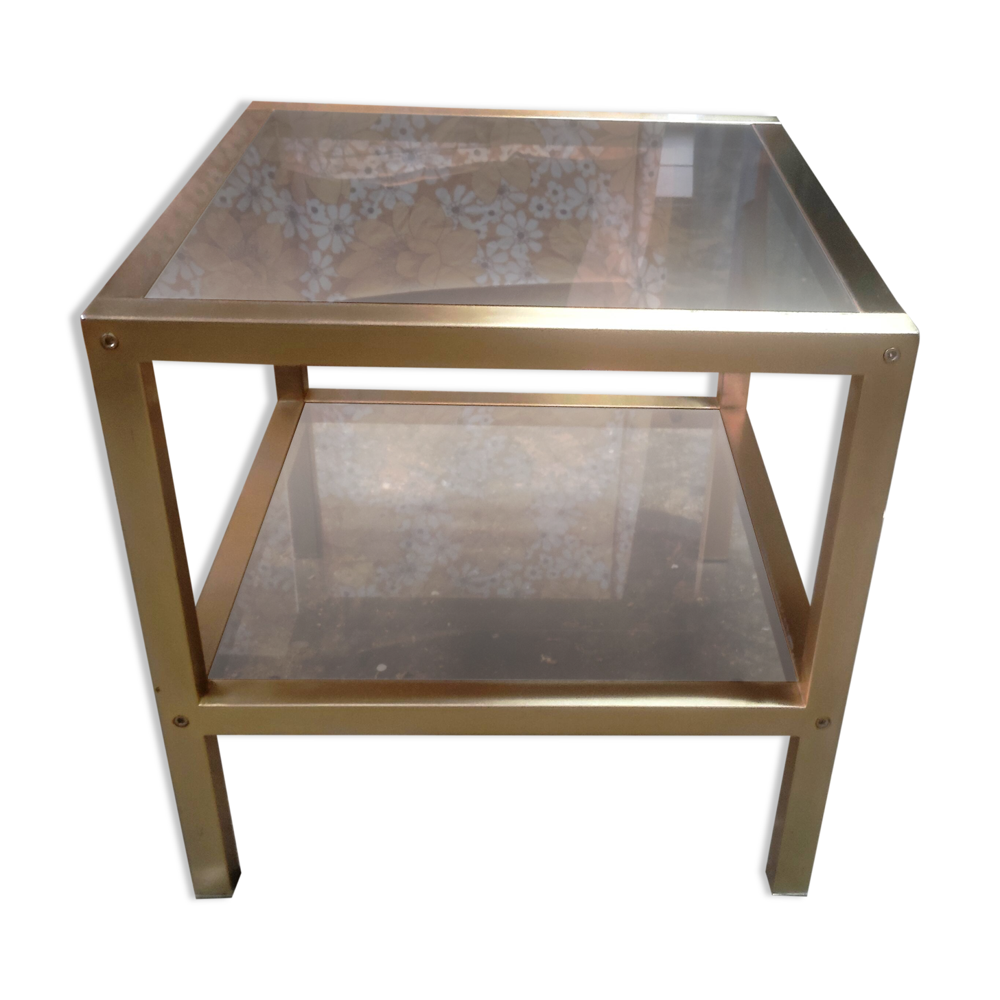 Table d'appoint metal doré et verre fumé
