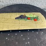 Rectangular cake dish in enameled ceramic, slip, fruit model, straw effect, vintage
