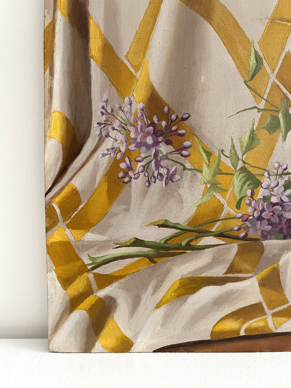 Old painting, oil on wood, lilac flowers on drapery by Sarret.