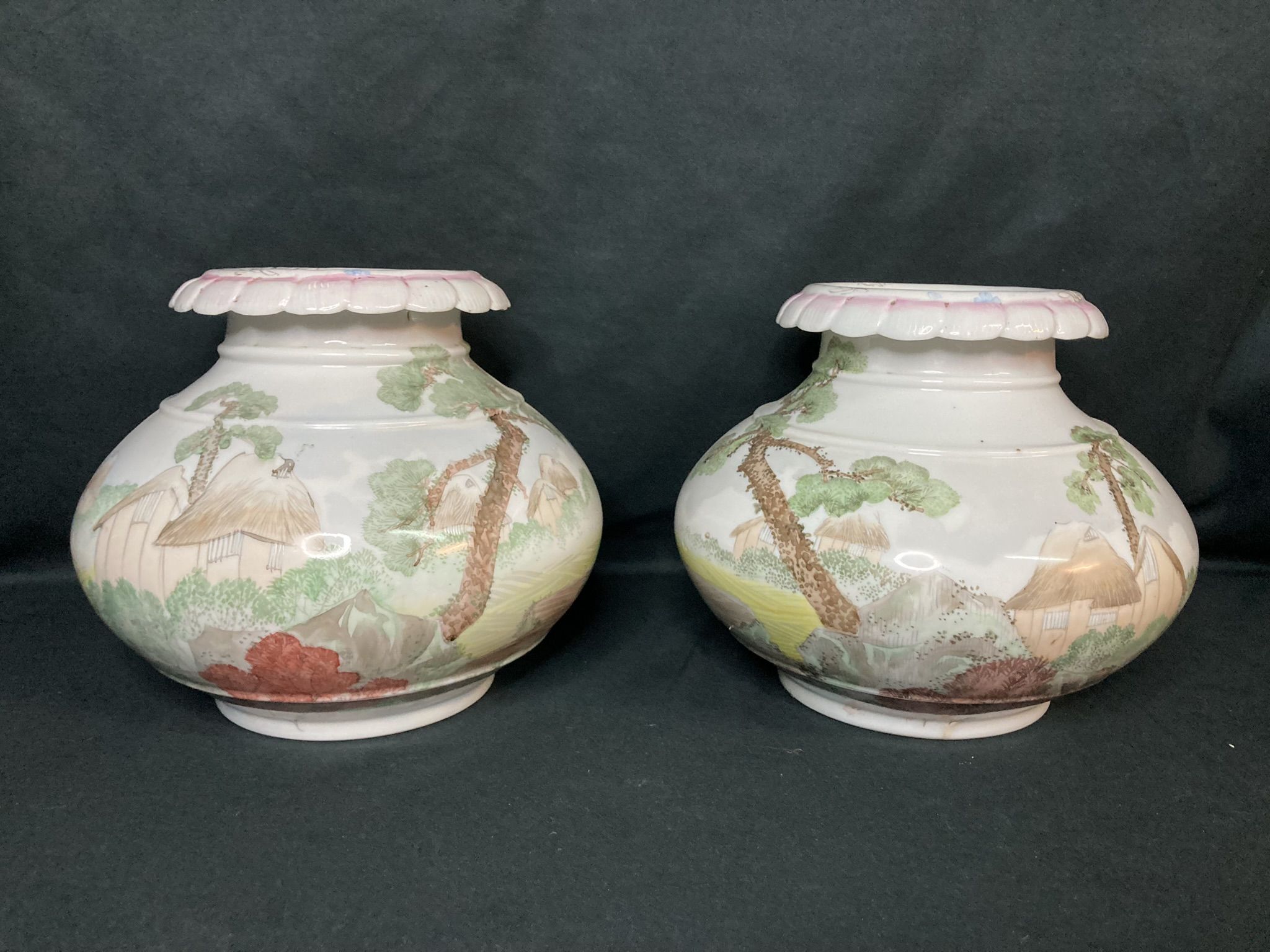 Pair of porcelain ball vases with cottage decor, late 19th century