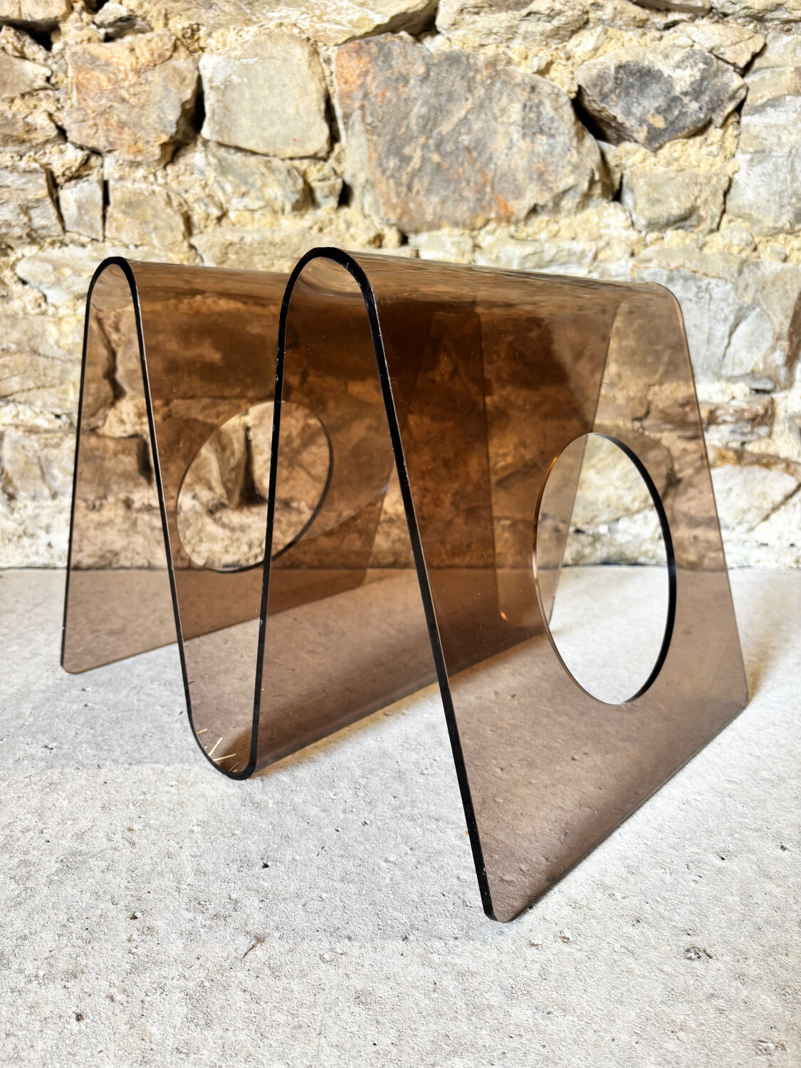 Smoked Plexiglas magazine rack by Michel Dumas for Roche Bobois 1970