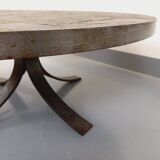 Vintage brutalist round coffee table in metal and slate from the 70s