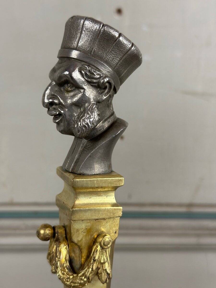 Pair of Abyssinian busts in nickel on gilded bronze and marble bases, 19th century.