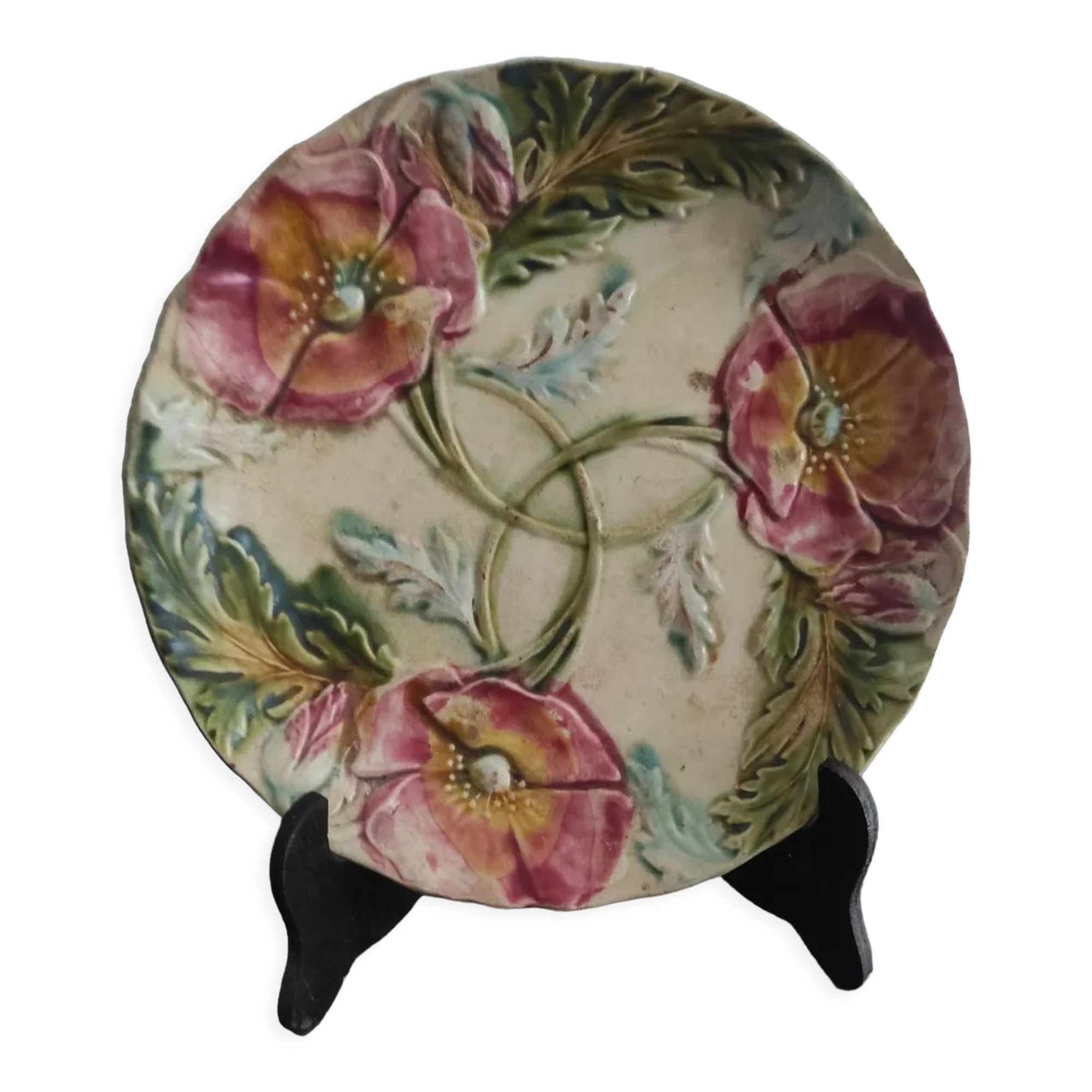 French majolica plate - slip - XIX th - Poppy décor
