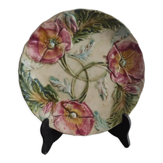 Assiette majolique française - barbotine - XIX ème - Décor Coquelicot