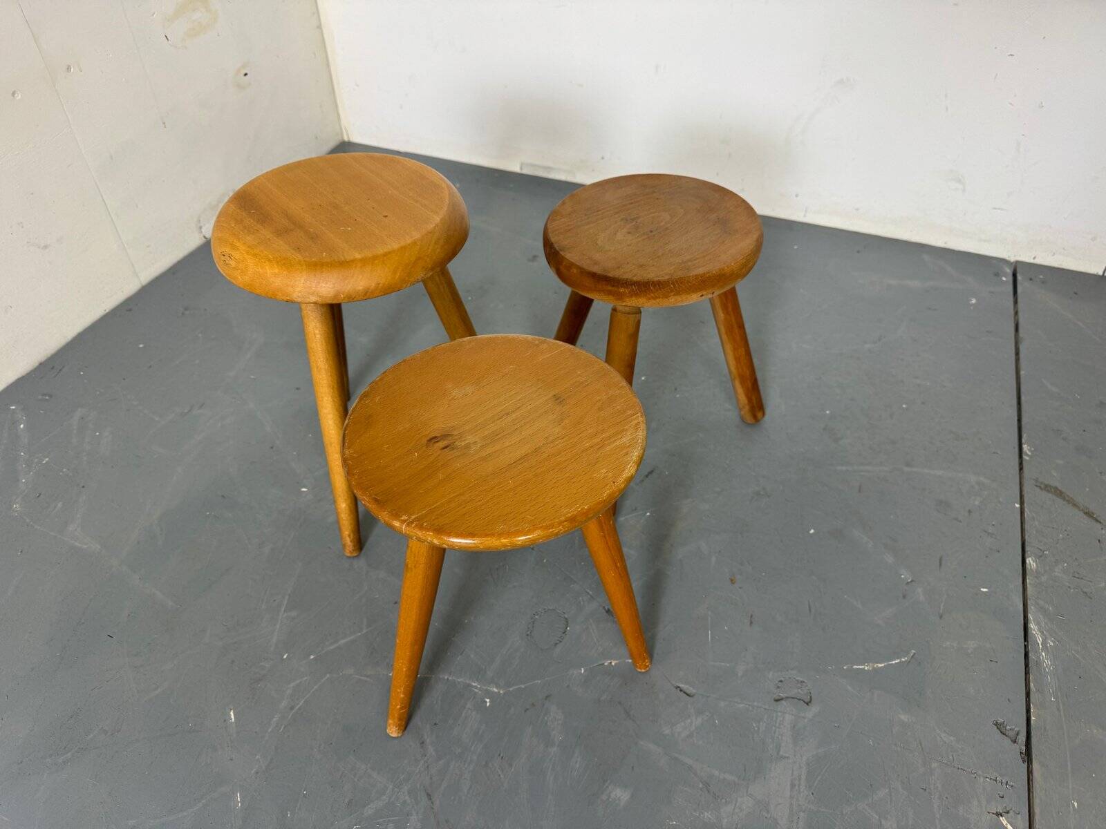 Mid-century French elm stools, 1950s, set of 3