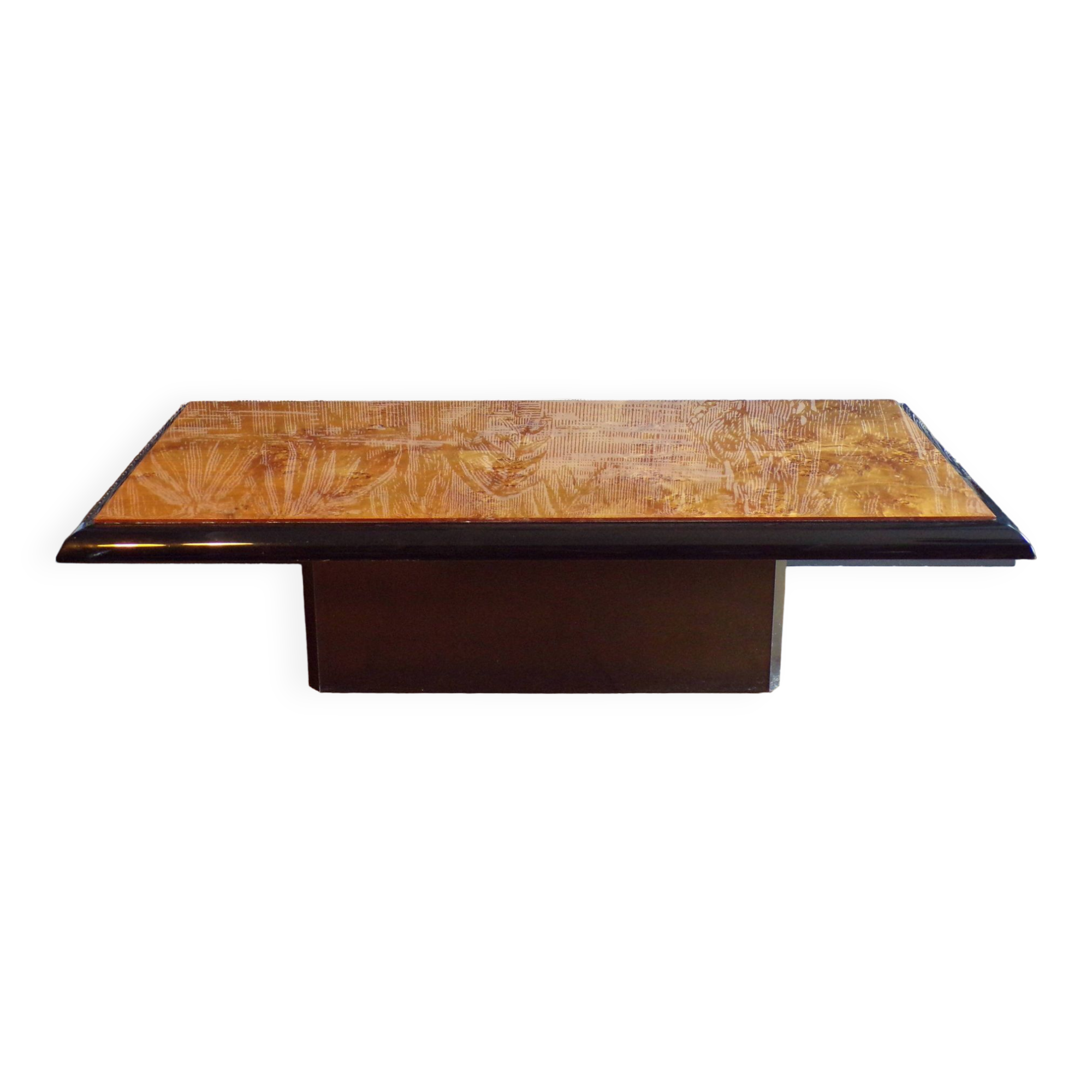 1970 coffee table in elm burl and lacquer