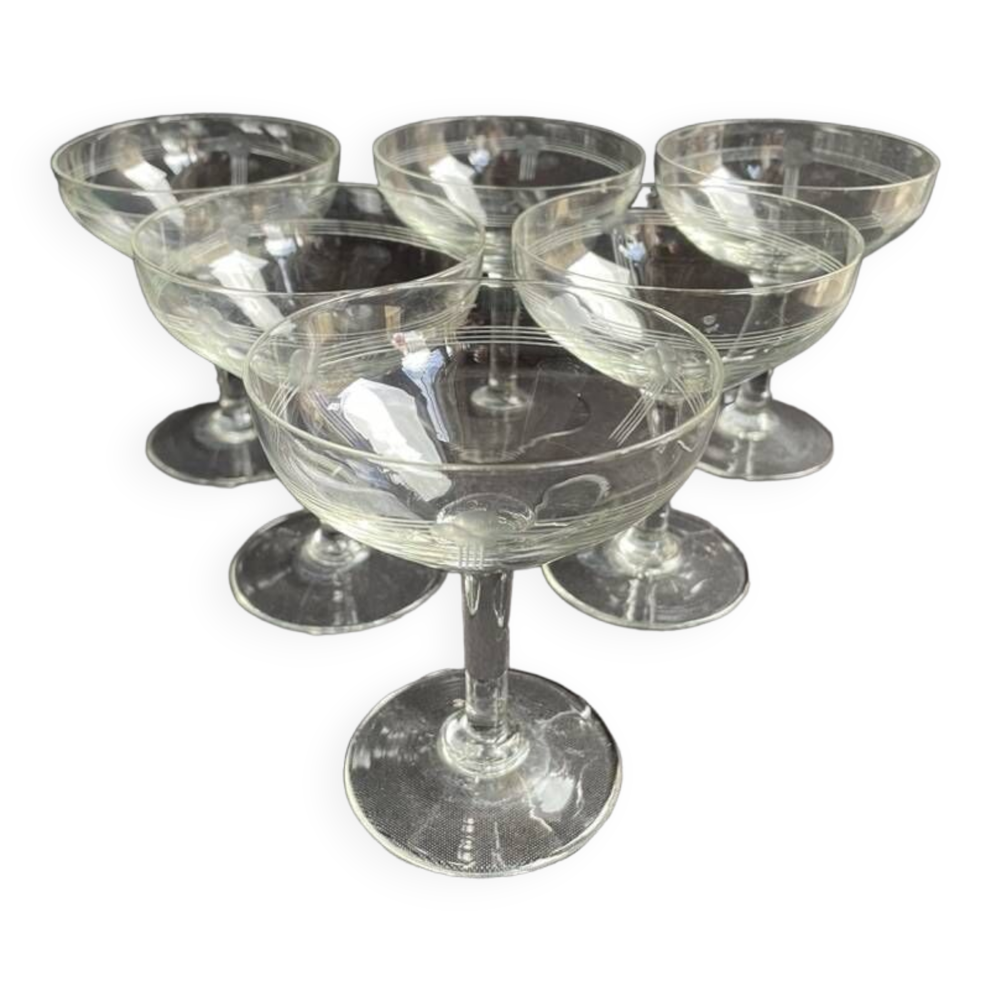 6 engraved crystal champagne glasses – Art Deco