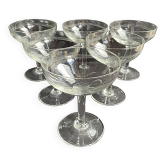 6 engraved crystal champagne glasses – Art Deco