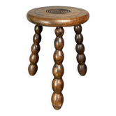 Midcentury bobbin wood turned stool, Charles Dudouyt style, France, 1950s