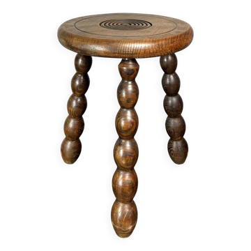 Midcentury bobbin wood turned stool, Charles Dudouyt style, France, 1950s