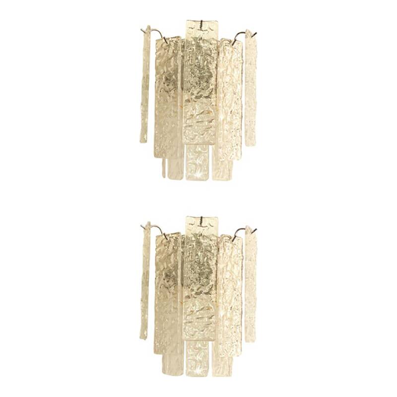 Pair of Contemporary Hammered Strips ”Listelli” Murano Glass Chromed Wall Sconces by Simoeng