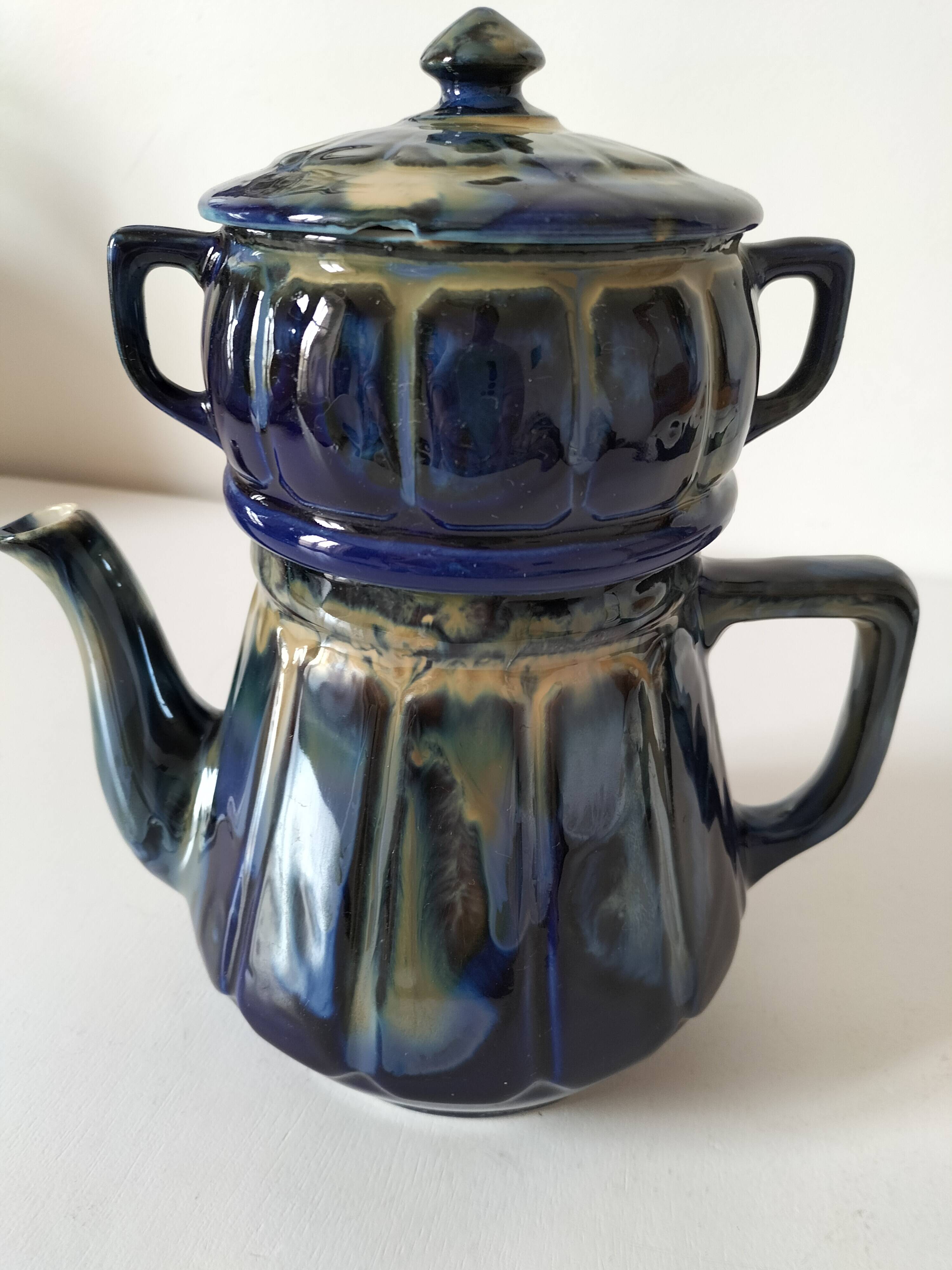 Midnight blue and flamed beige enameled ceramic filter coffee maker