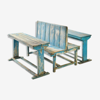 Double wooden school desk with blue patina