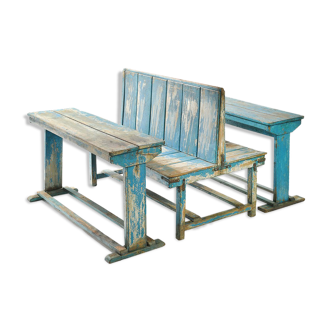 Double wooden school desk with blue patina