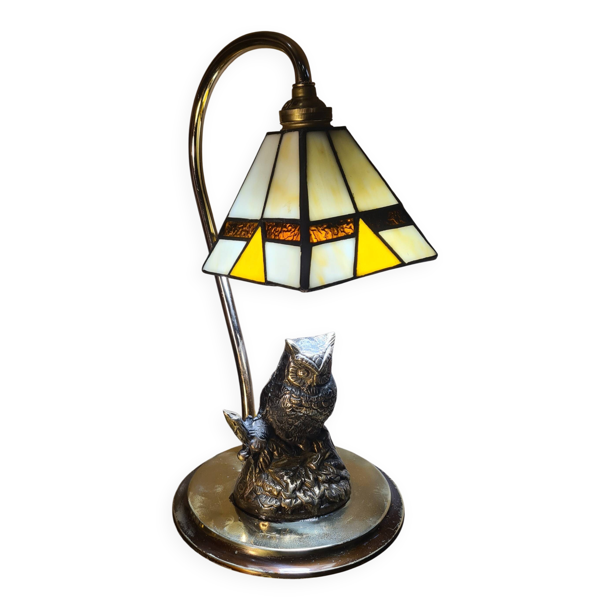 Owl-shaped designer bedside lamp, solid bronze owl with glass lampshade