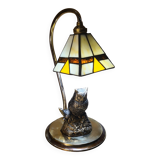 Owl-shaped designer bedside lamp, solid bronze owl with glass lampshade