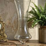 Very large engraved blown glass vase vintage 2000s antique style.